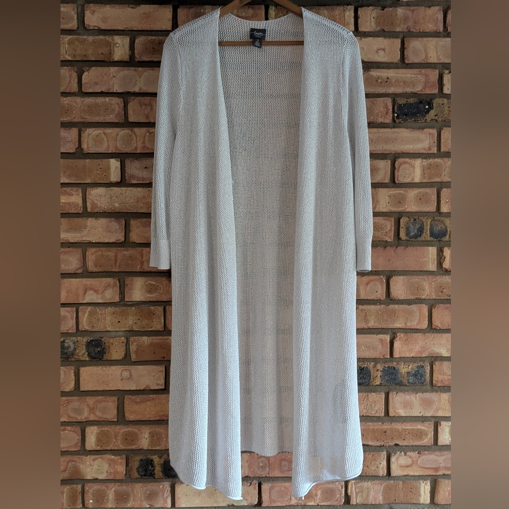 Chico's Travelers Collection Light Gray Open Front Cardigan Duster
